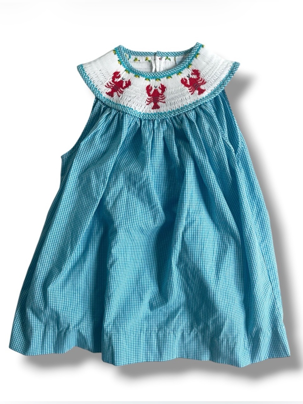 GINGAM Tunic Dress Cotton Lobsters Coastal Nautical Blue Smocked Size 8